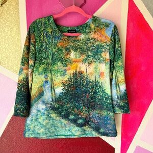 Monet Scenic Garden Print 3/4 Sleeve Tee - Green Multi